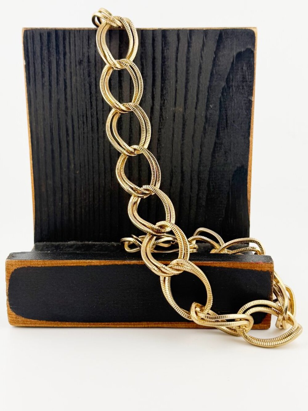 80s Chunky Gold Textured Double Link Statement Necklace - Vintage
